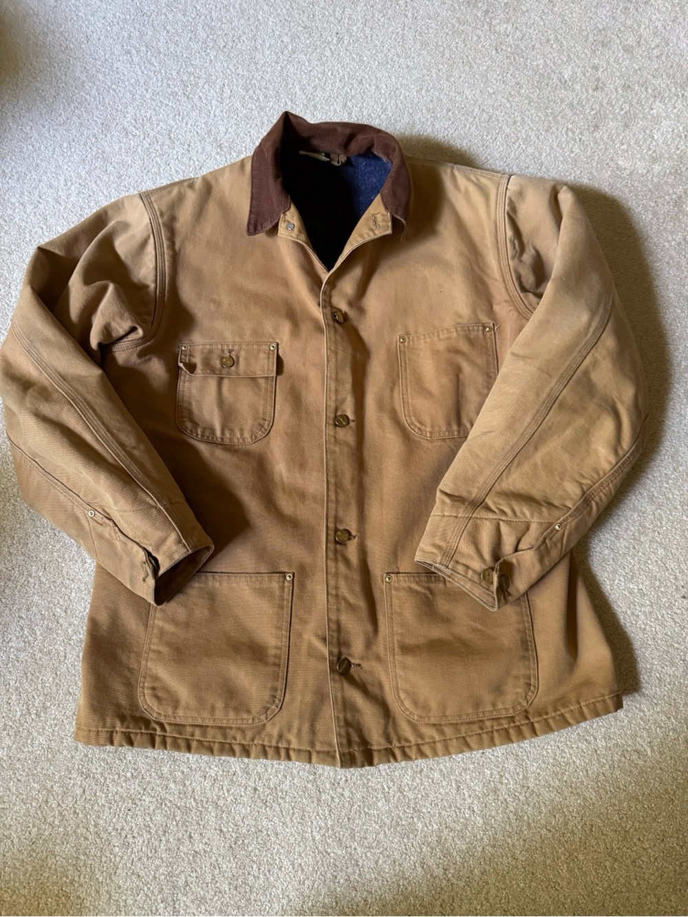 Vintage Carhartt Blanket Lined Chore Jacket Duck Canvas Corduroy Collar-44 Tall